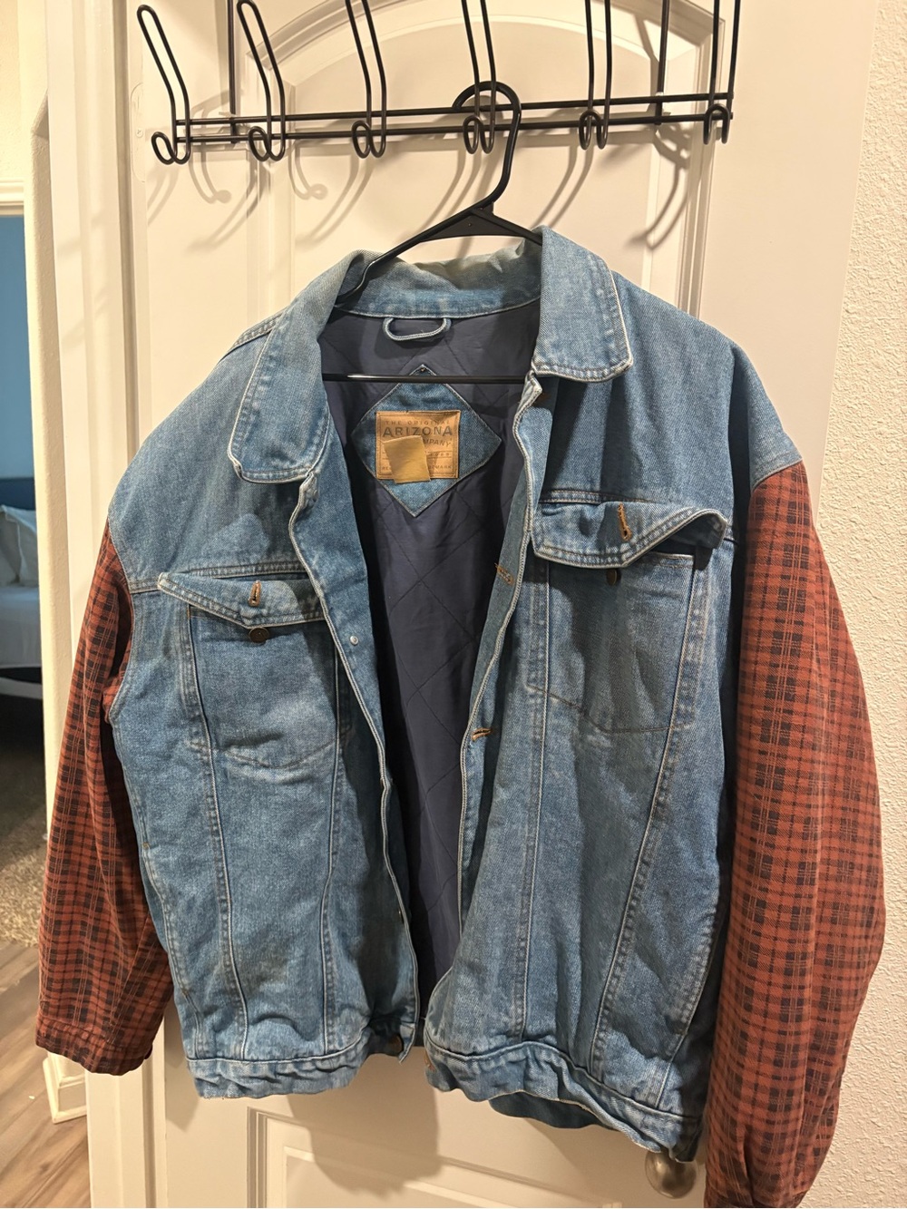 VINTAGE Arizona Jean Company Light Blue Denim Jacket with Rust Plaid Sleeves